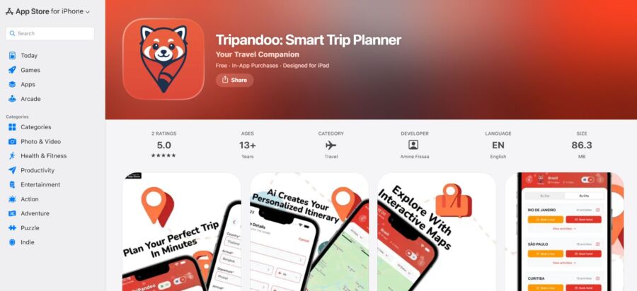 App Store page for 'Tripandoo: Smart Trip Planner' featuring a red panda logo. Rated 5 stars, it offers AI-generated itineraries and interactive maps.