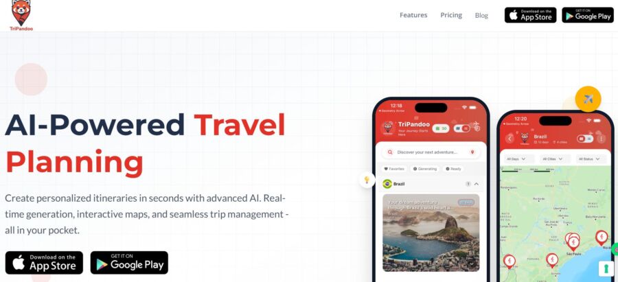 TriPandoo travel planning app website showcasing features for organizing trips and itineraries.