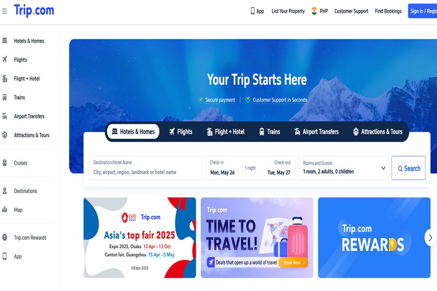 Trip.com homepage highlighting secure bookings and diverse travel services including hotels and flights.