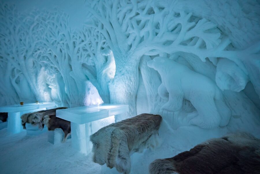 Tromso Ice Domes, an ice attraction in Tromso, Norway, featuring stunning ice carvings and a unique winter atmosphere.
