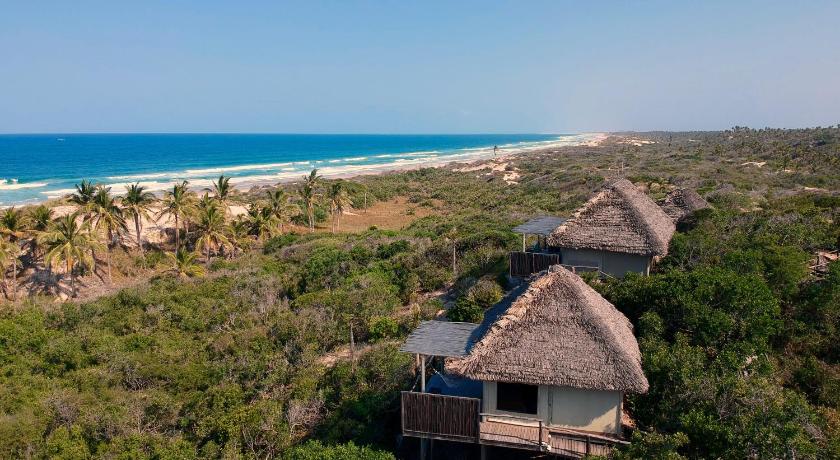 Tropical beach eco resort bungalows on palm-lined coastline with turquoise ocean and white sand.