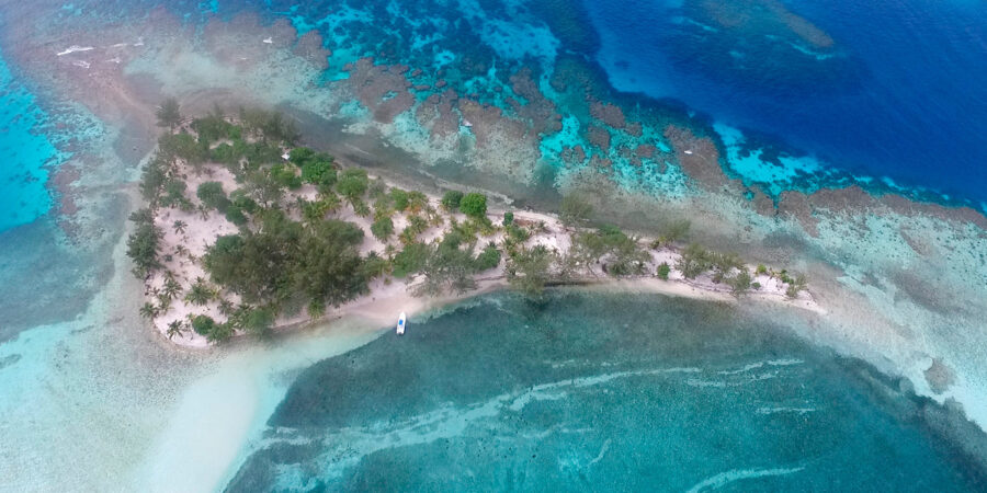Aerial view of tropical island with turquoise waters, coral reefs, and palm trees.