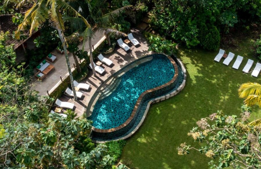 Aerial view of luxury tropical resort pool with wooden deck, sun loungers, palm trees, and garden.