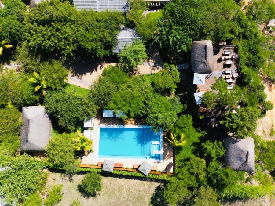 Aerial view of tropical eco‑resort with lush jungle, central swimming pool, cabanas and sun loungers.
