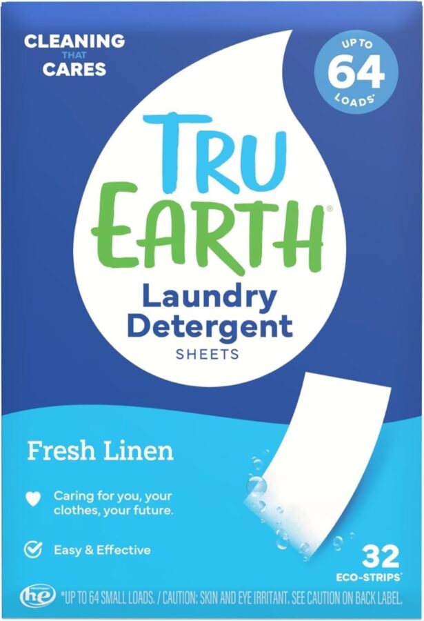 Tru Earth Laundry Detergent packaging. Blue background with a droplet shape, promises 64 loads. Describes Fresh Linen scent and eco-friendly strips.
