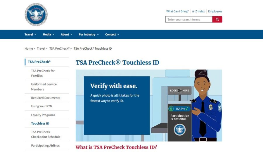 Overview of TSA PreCheck® Touchless ID on the Transportation Security Administration website, enhancing traveler convenience.
