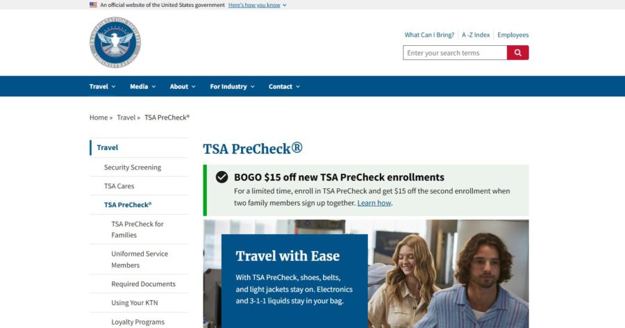 TSA PreCheck website homepage featuring information on expedited airport security screening for travelers.
