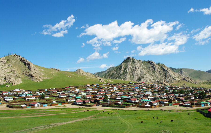 Panoramic view of Tsetserleg town in Mongolia, showcasing its skyline against a clear blue sky