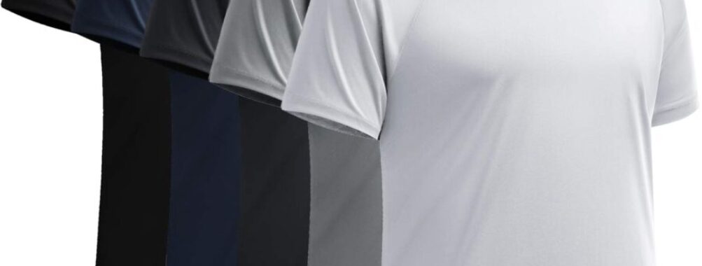 T-shirt color gradient lineup from black to white with a focus on functionality and style.