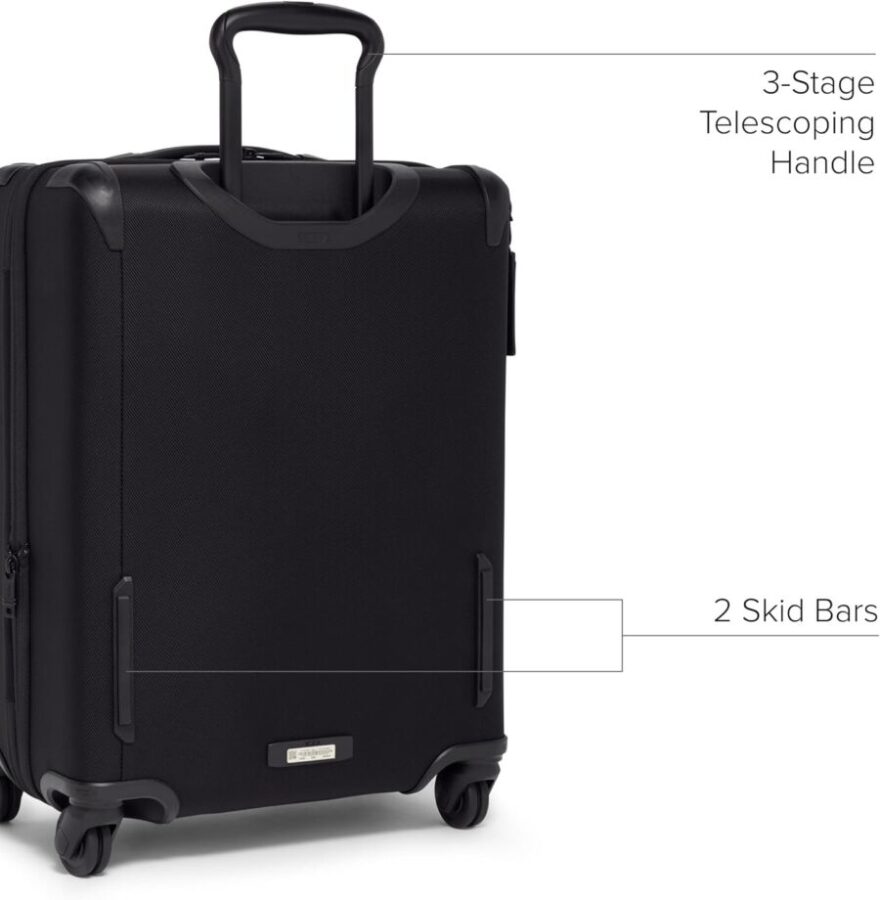 TUMI Aerotour black suitcase showcasing its expandable design and key measurements for travel convenience.