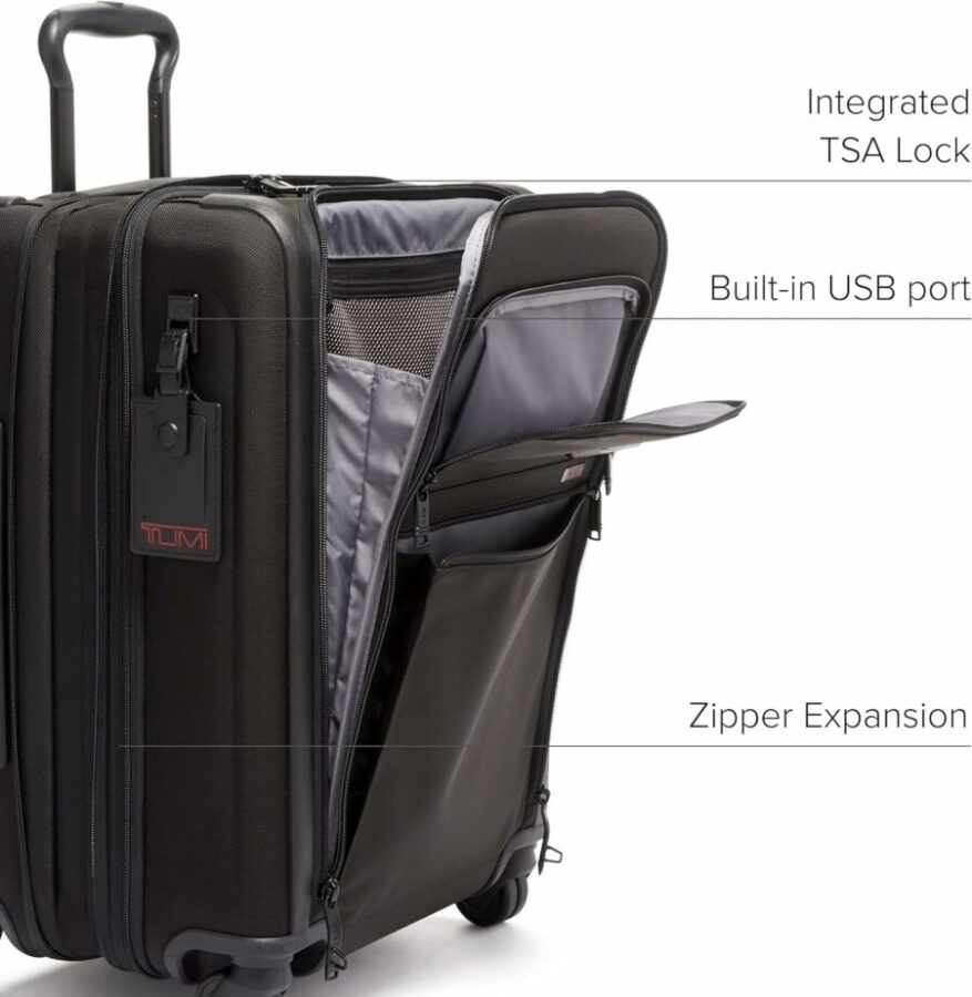 TUMI Alpha Continental expandable carry-on luggage with four wheels, designed for international travel convenience.
