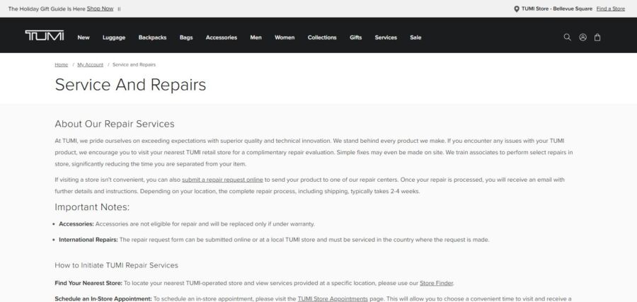 Tumi service and repair, featuring Tumi branding, showcasing expert repair solutions for electronic devices.