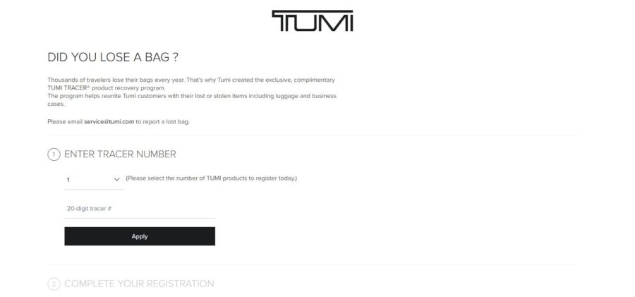 Tumi website email sign-up page, promoting the Tumi Tracer service for product tracking and customer engagement