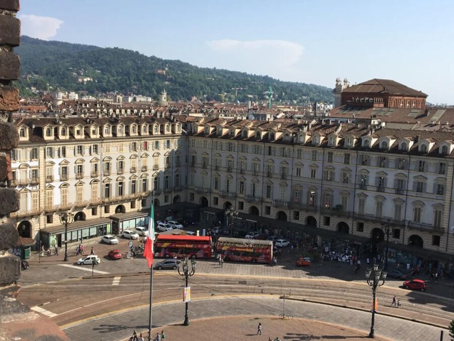Breathtaking view of Turin from above, capturing the city's layout and landmarks in a stunning panorama.