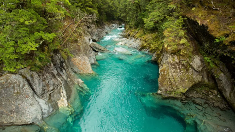 Turquoise river winding through rocky forest gorge in Mount Aspiring National Park, New Zealand.