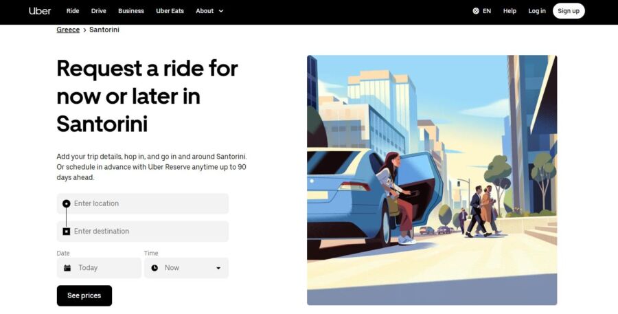 Online page displaying a car alongside a person, advertising Uber in Santorini.