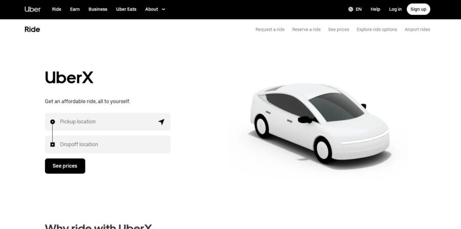 UberX service option displayed prominently on the Uber website homepage