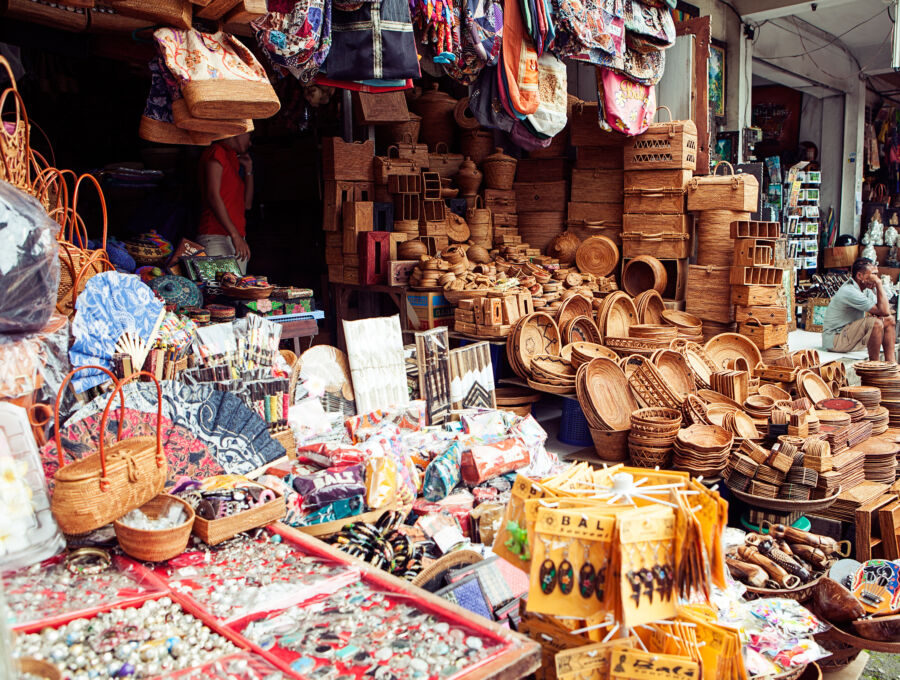 Souvenir shop in Ubud, Bali, showcasing local handicrafts and souvenirs at the famous market
