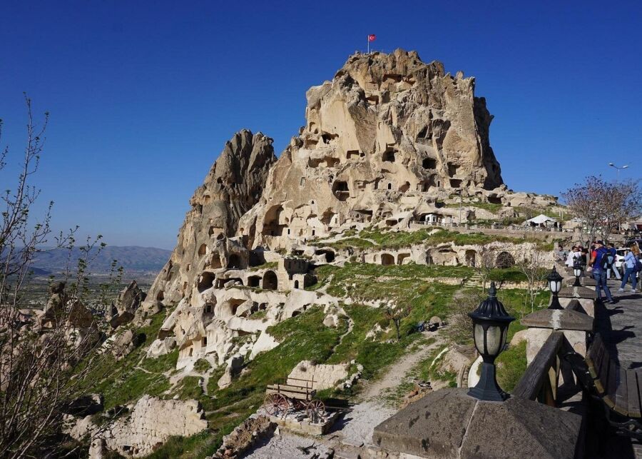 Stunning rock formations surrounding Uçhisar Castle in Cappadocia, showcasing the region's unique geological features.