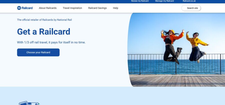 Two people jump joyfully against a clear blue sky and sea, promoting Railcards. Text offers travel savings, encouraging card selection. Bright and energetic tone.