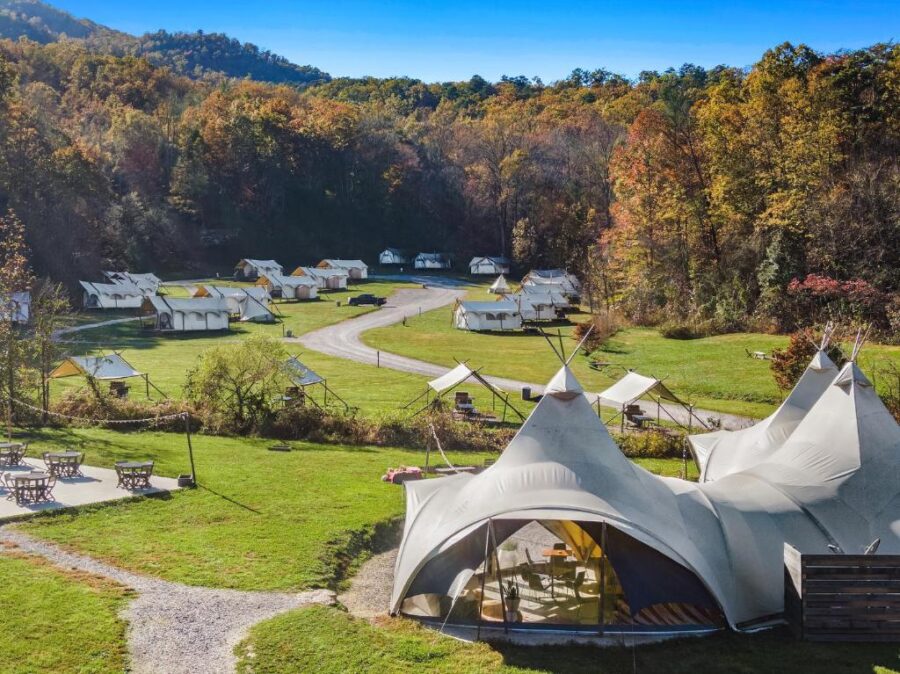 Scenic view of Under Canvas Great Smoky Mountains, showcasing luxurious glamping accommodations amidst nature.