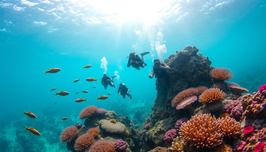 Divers explore vibrant coral reefs teeming with colorful fish and marine life underwater.