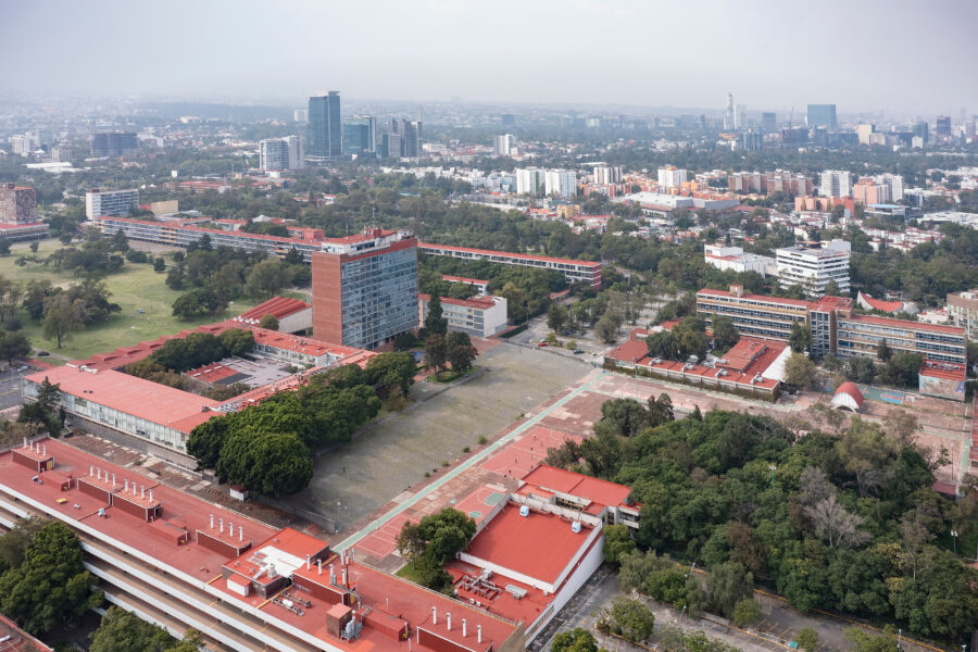 Aerial view of the Universidad Nacional Autónoma de México campus, showcasing its expansive grounds and architectural layout
