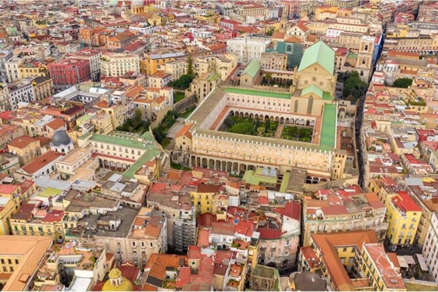 Aerial view of Chiaia vibrant urban cityscape with colorful buildings and historical architecture.