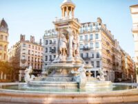 Jacobins square and beautiful fountain in Lyon city, France