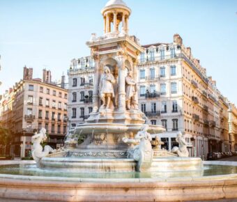 Jacobins square and beautiful fountain in Lyon city, France