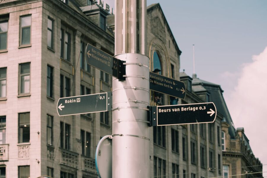Urban street signage with landmarks and directions in a European city scene.
