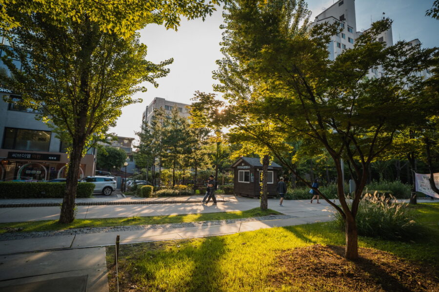 Gyeongui Line Forest Park urban path at golden hour with trees and kiosk.