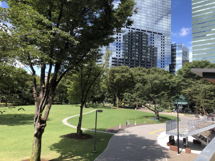 Shinjuku Central Park urban lawn and trees with walking path and Tokyo skyscrapers backdrop.