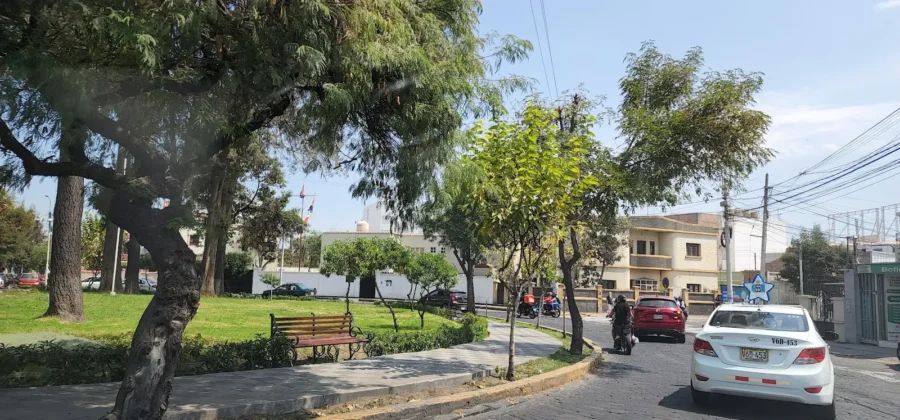 Sunny Vallecito urban park with cobblestone street, taxi, motorcycle, trees, benches, and residential buildings.