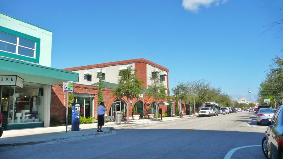 Street scene with mixed architecture, vibrant atmosphere, greenery, pedestrians, cars, and blue skies.