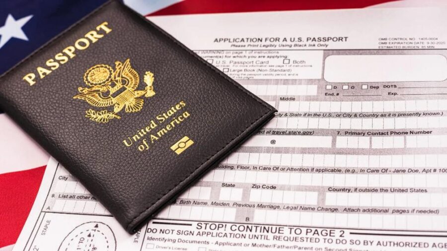 U.S. passport on application form, symbolizing identity, citizenship, and international travel process.