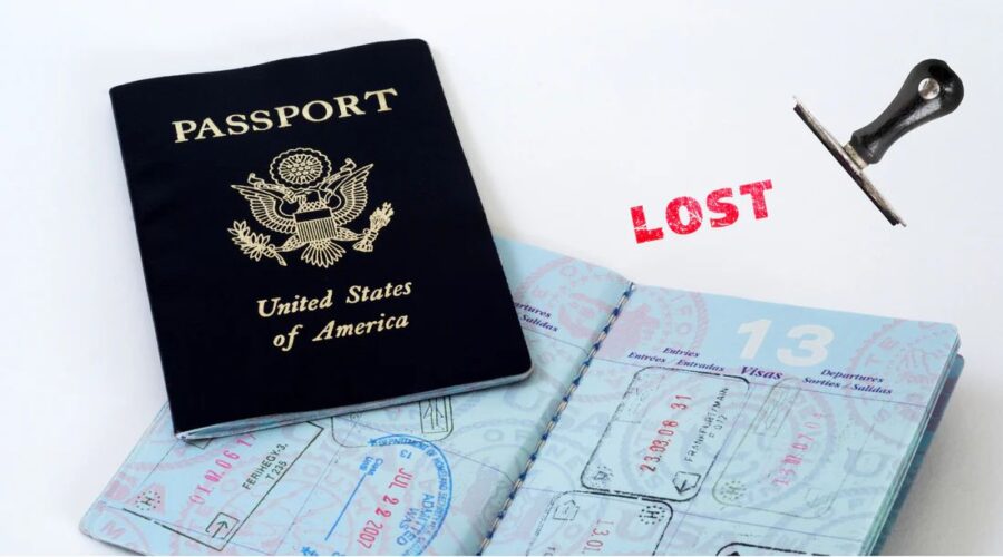 Lost US passport with travel stamps, red LOST mark, and stamp tool visible.