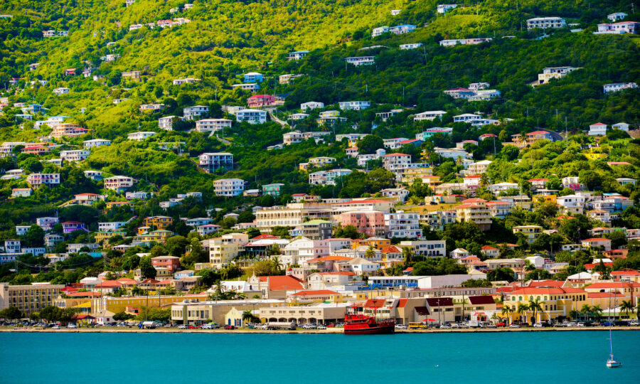 Panoramic view of a vibrant sunset over St. Thomas, captured from a Carnival Cruise Line ship in the U.S. Virgin Islands