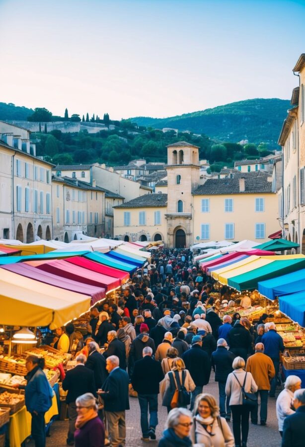 A vibrant street market in Provence, with colorful stalls and bustling crowds, set against the backdrop of historic buildings and rolling hills