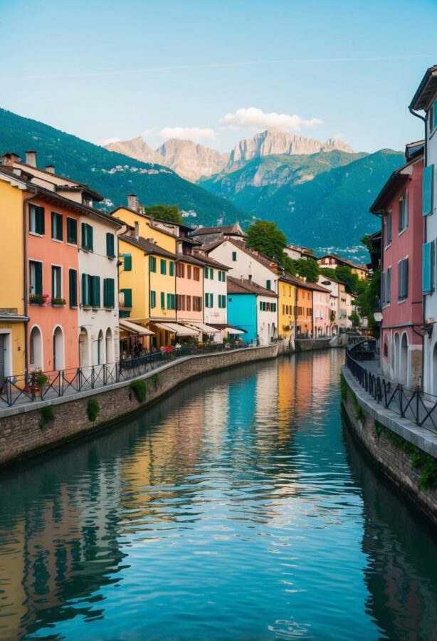 A serene canal winds through the picturesque town of Annecy, with colorful buildings lining the water's edge and the French Alps towering in the background