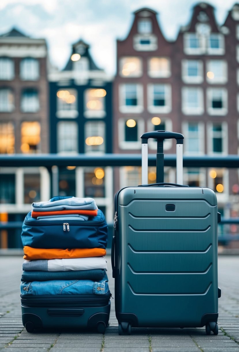 A suitcase and backpack are neatly packed with clothes and travel essentials, ready for a trip to Amsterdam