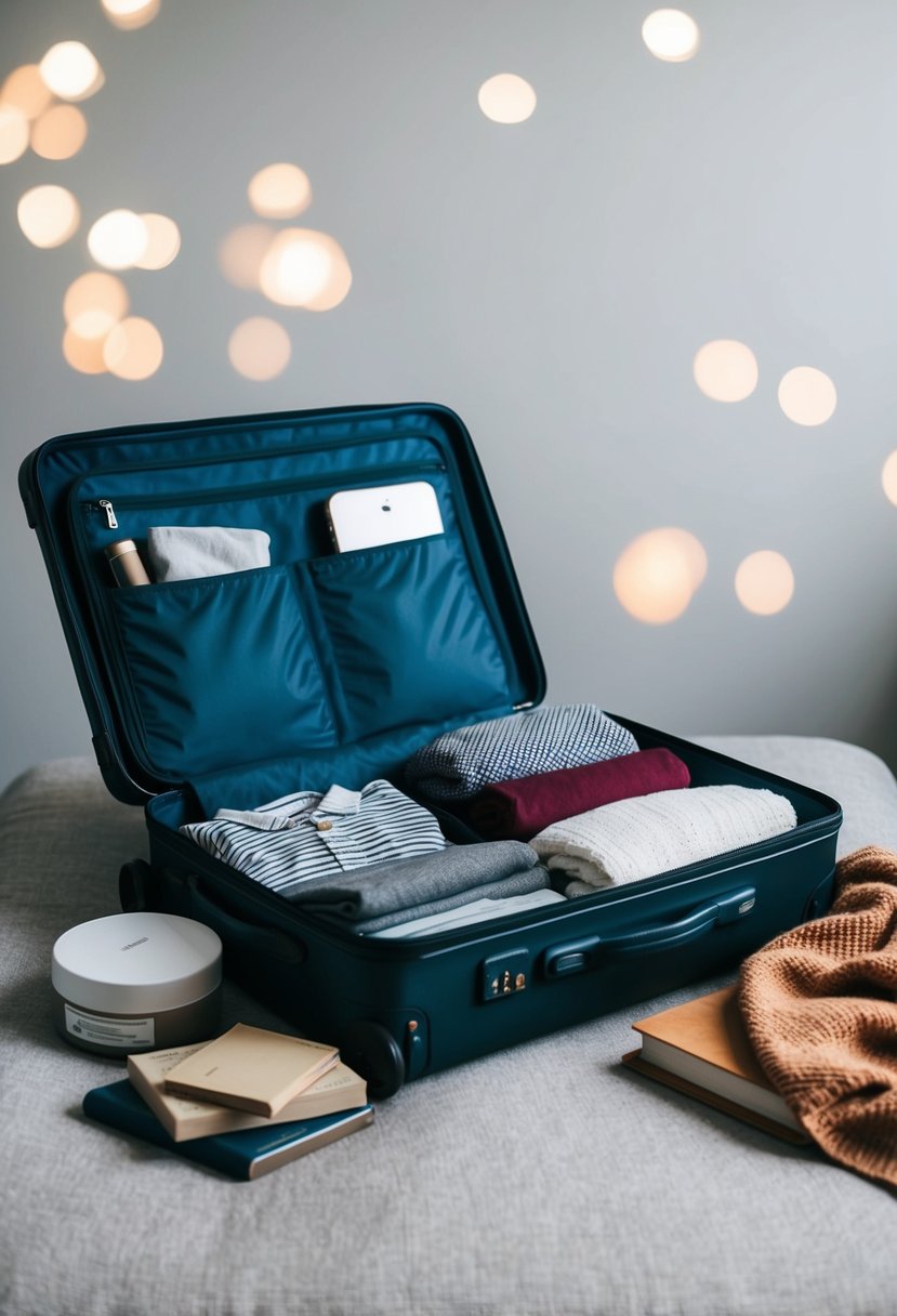 A suitcase open with neatly folded clothes, toiletries, and travel essentials, including a book and a cozy blanket