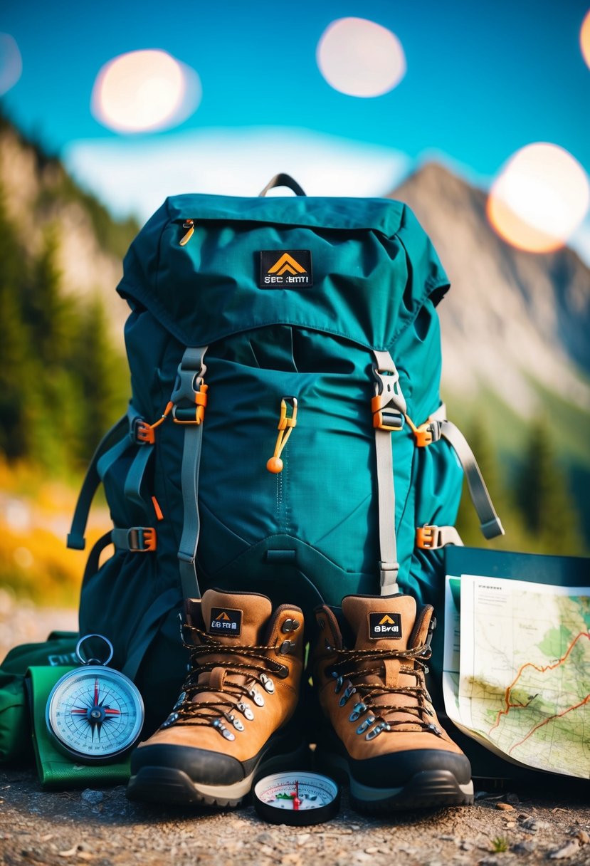 A backpack surrounded by camping gear, hiking boots, a map, and a compass