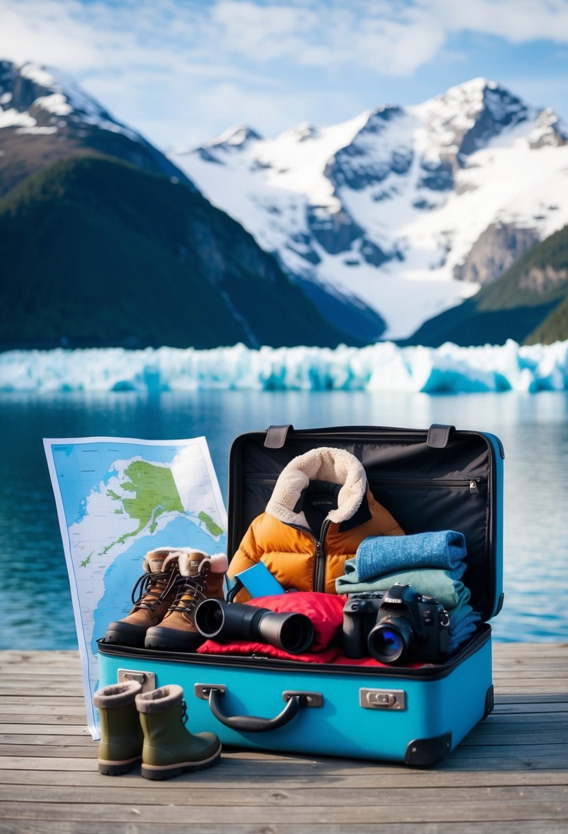 A suitcase filled with warm clothing, boots, a camera, binoculars, and a map of Alaska sits on a wooden deck overlooking snow-capped mountains and a glacier-filled fjord