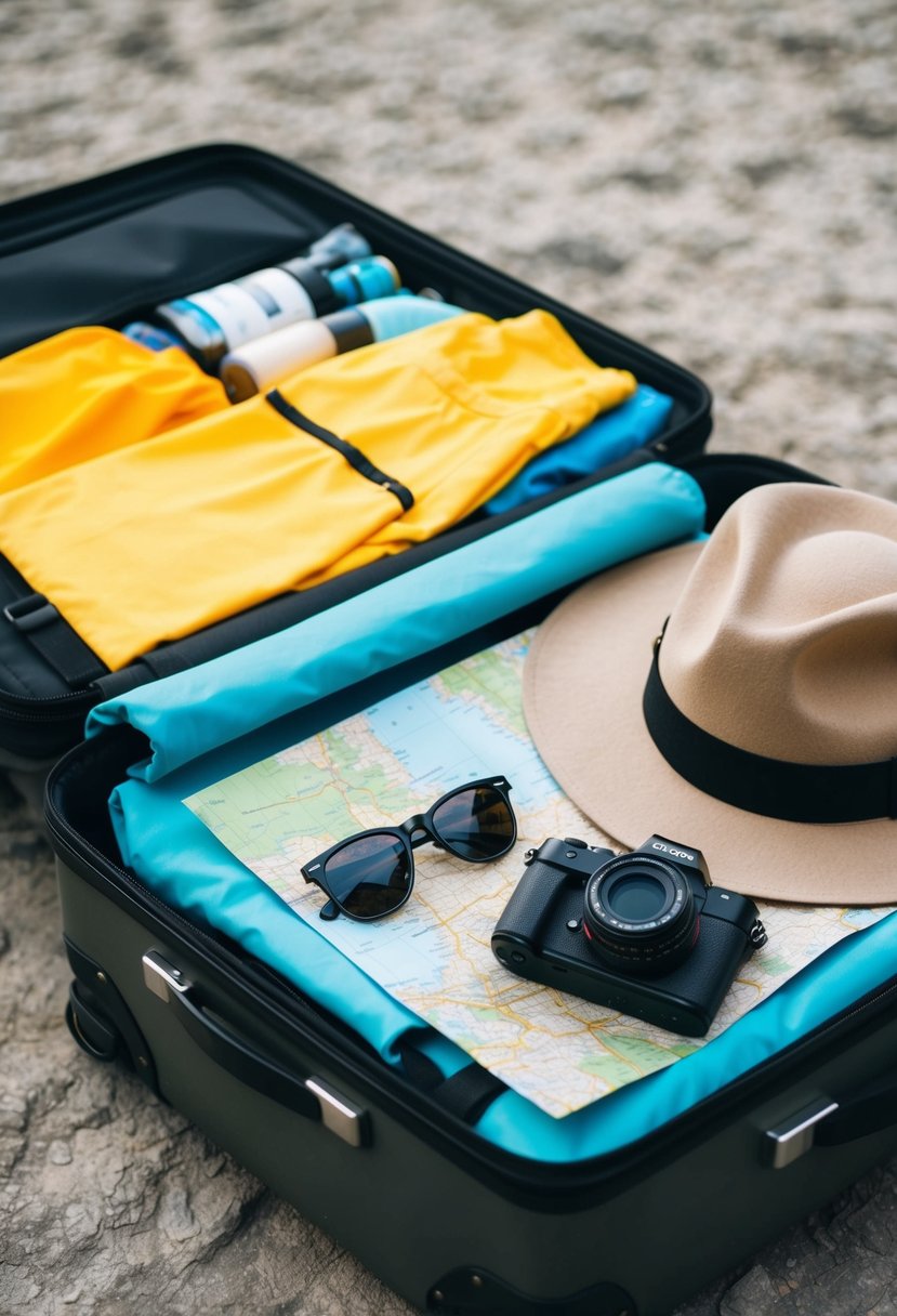A suitcase open with clothes, sunscreen, hat, and camera laid out. Sunglasses and a map are next to it