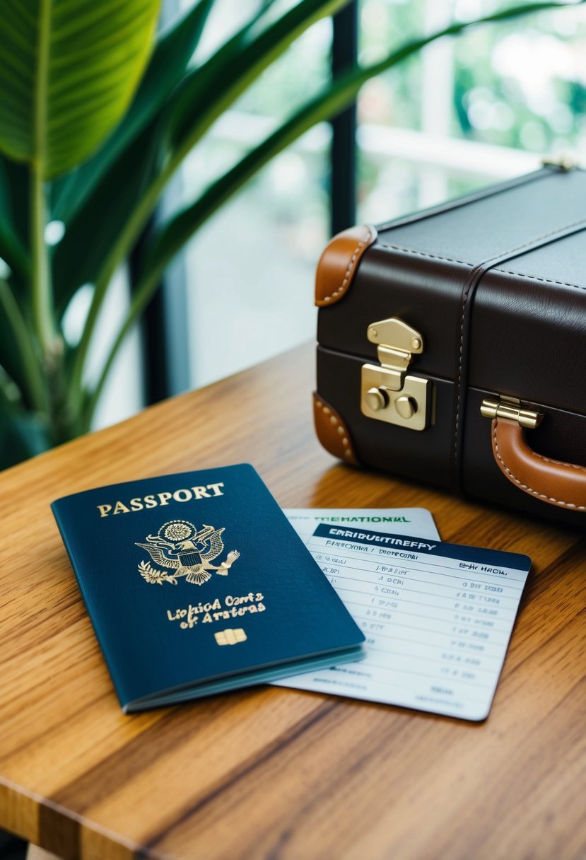 A passport, boarding pass, and travel itinerary laid out on a wooden table with a suitcase and tropical plants in the background
