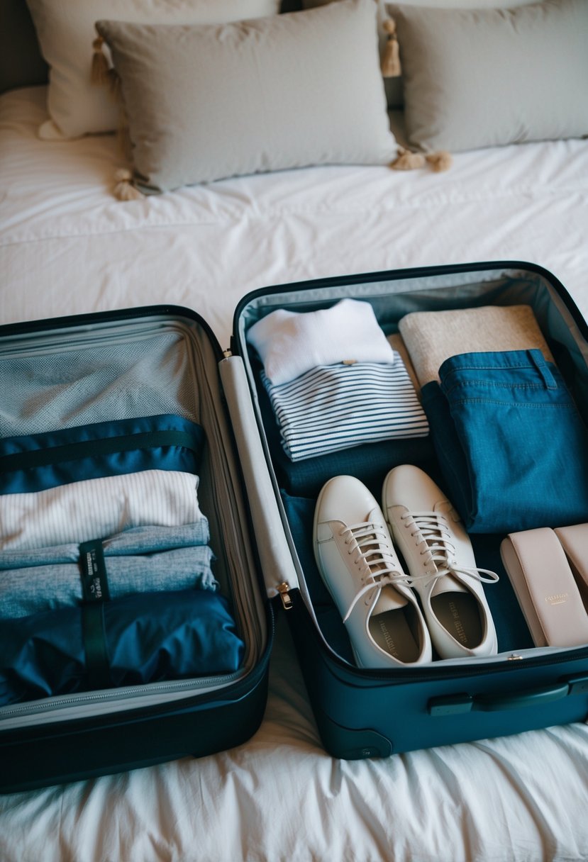A suitcase open with neatly folded clothes, shoes, and accessories laid out on a bed, ready to be packed for a trip to Thailand