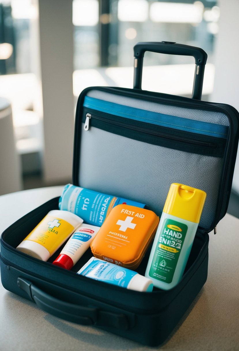 A suitcase open with first aid kit, sunscreen, insect repellent, and hand sanitizer laid out on a table