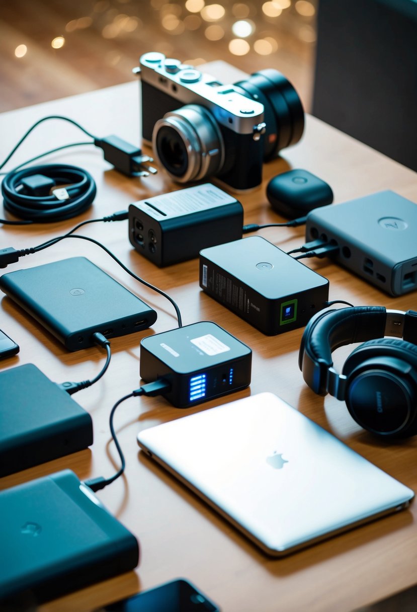 Various electronic gadgets and tech accessories laid out on a table, including chargers, adapters, power banks, headphones, and a camera