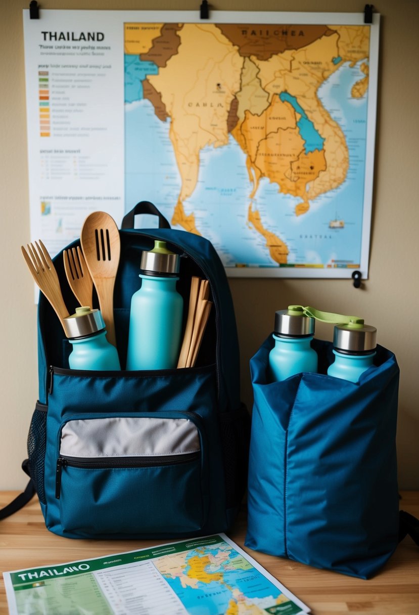 A backpack filled with reusable water bottles, bamboo utensils, and a collapsible tote bag sits next to a map of Thailand